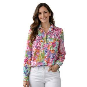 Lauren Ralph Lauren Watercolor Floral Button-Up Shirt Pink Blue Green Size Small